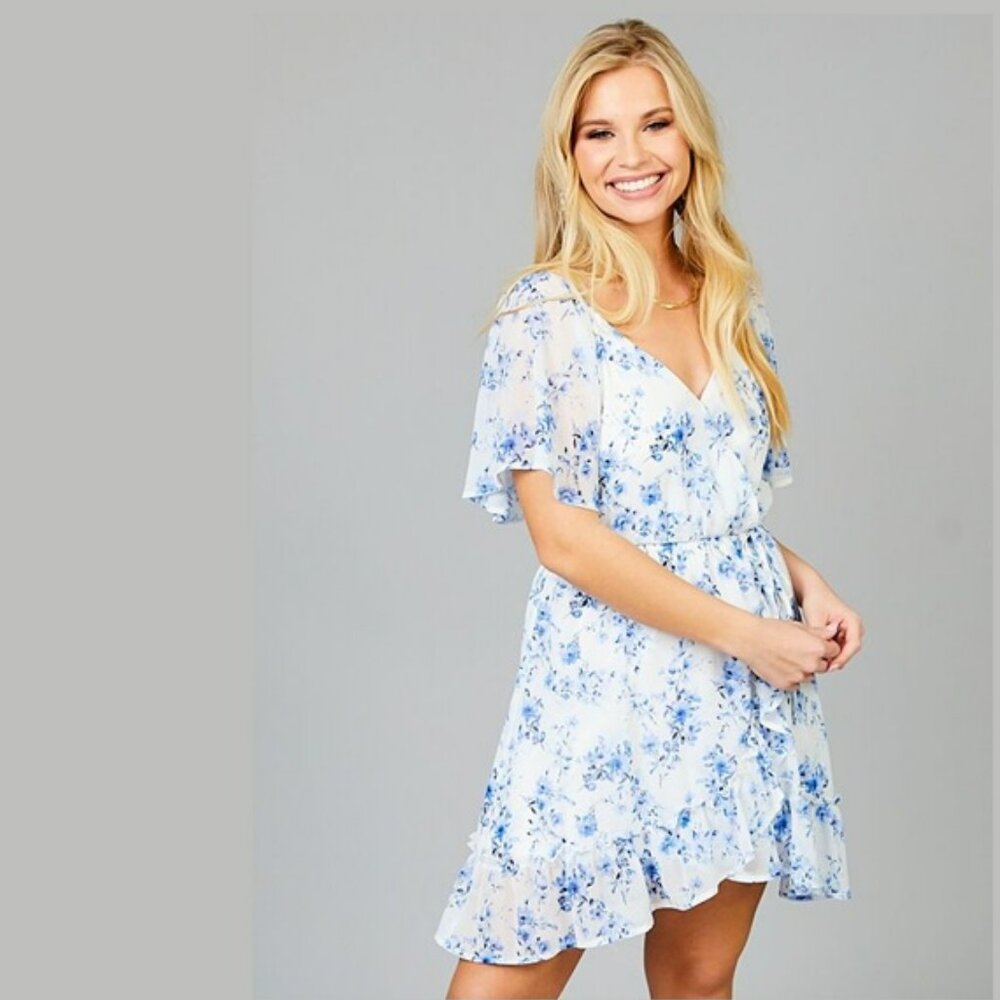 Altar'd State Floral Blue and White Erika Mini Ruffle Dress Sz S